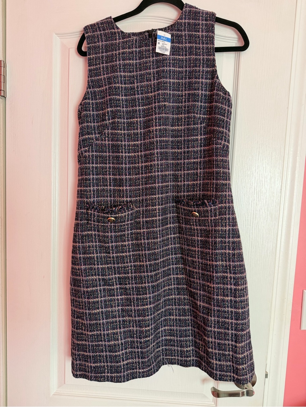 J McLaughlin Sleeveless Tweed Shift Dress in Navy and Pink Plaid